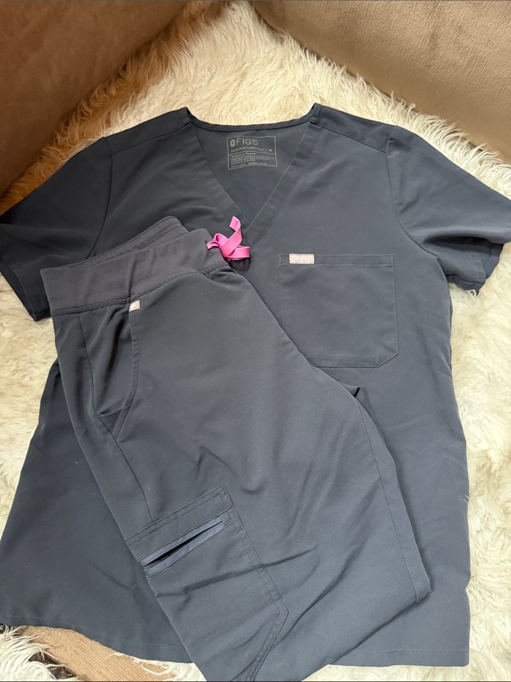 Figs Women's Scrub Set in Charcoal with Pink Drawstring Accent